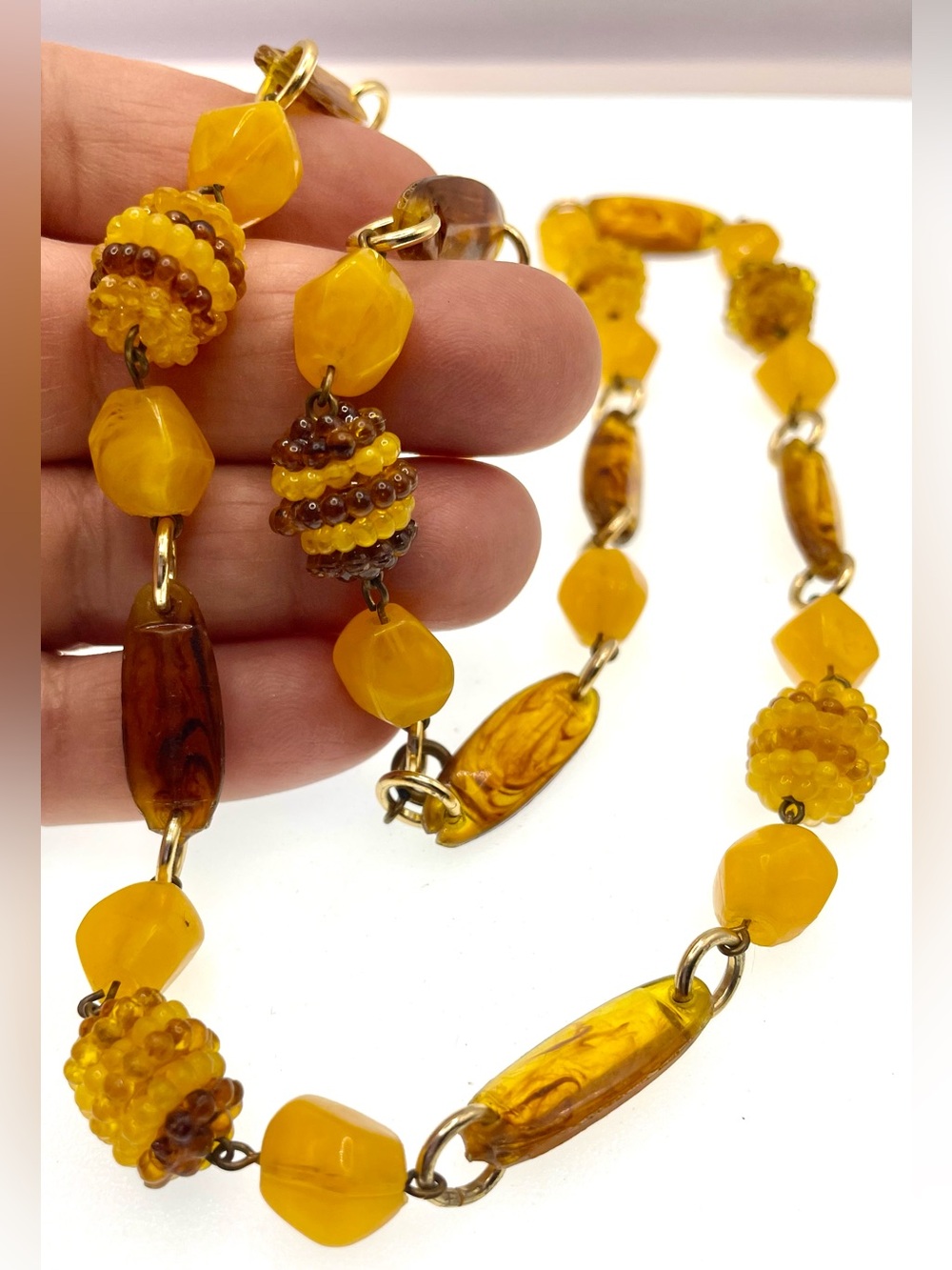 Vintage 70s Butterscotch Yellow Acrylic Beaded Necklace Retro Statement Jewelry